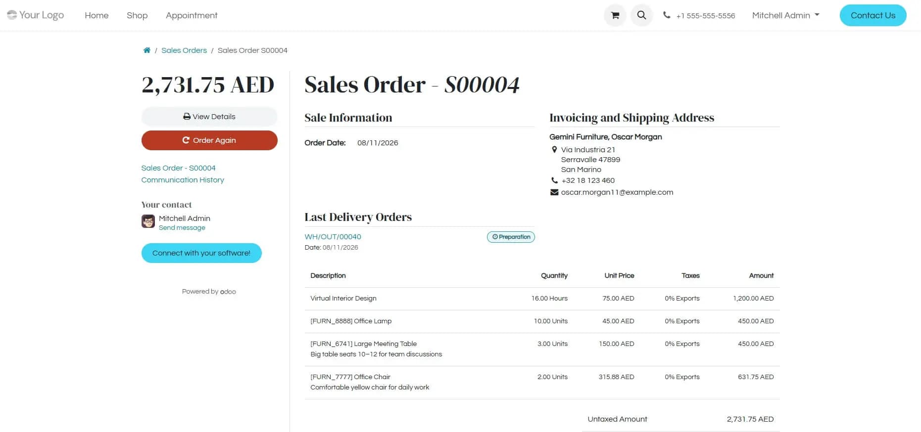 An Odoo sales order showing order lines, taxes, delivery order and invoicing address on one record.