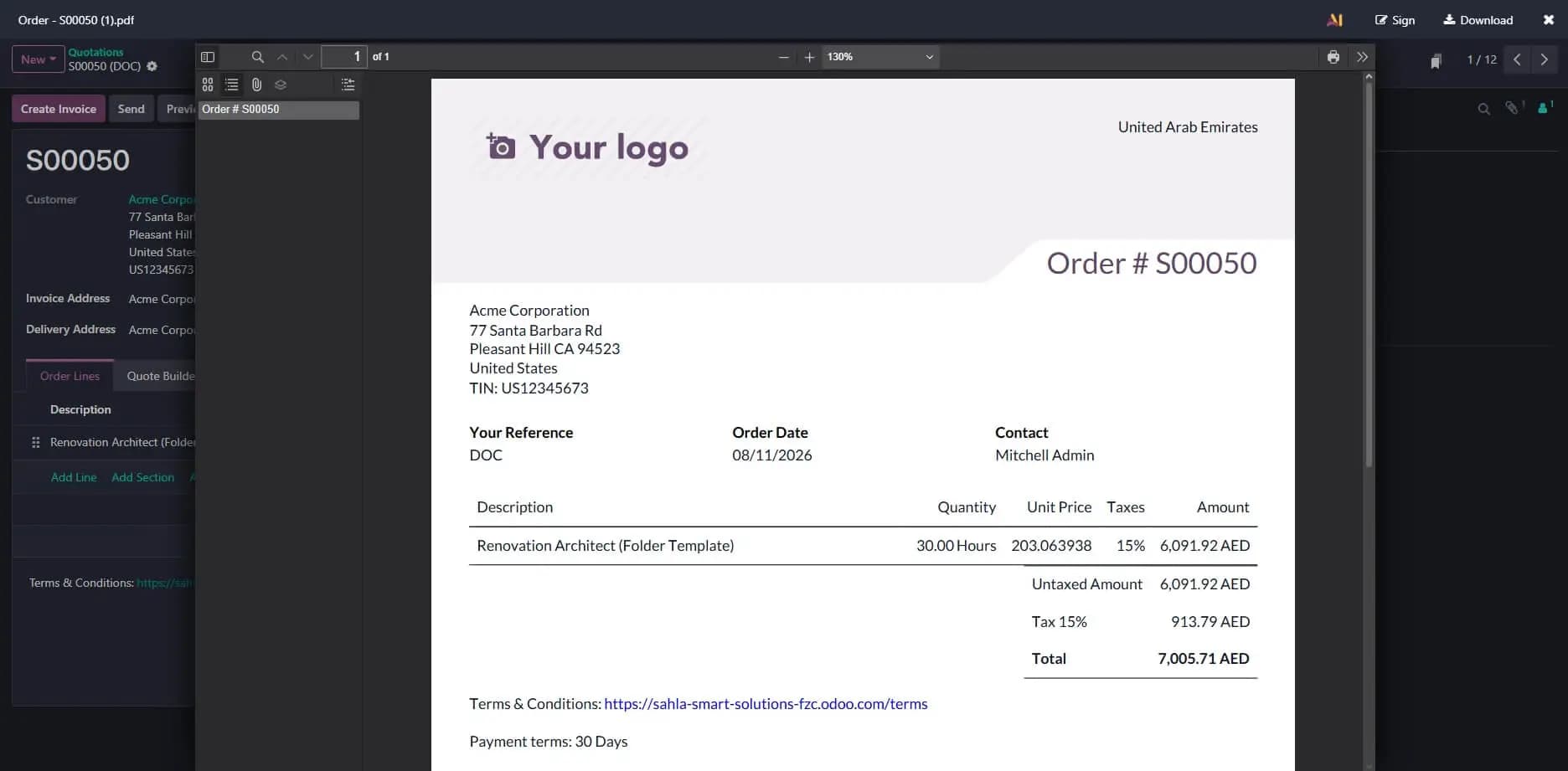 An Odoo quotation with order lines, taxes and totals on one record.